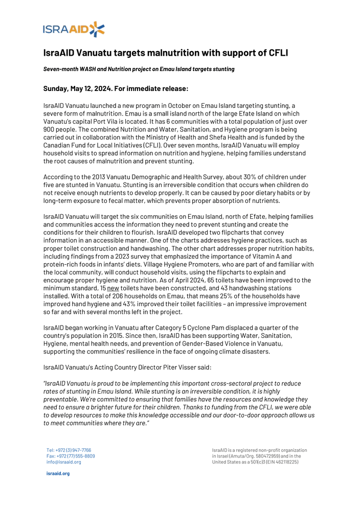 IsraAID Vanuatu targets malnutrition with support from CFLI – Seven-month WASH and nutrition project on Emau Island targets stunting – Vanuatu